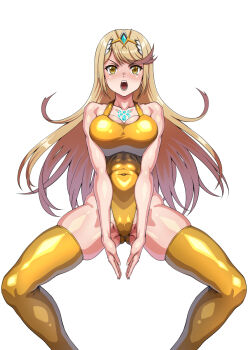 1girl blonde_hair breasts circlet cleavage core_crystal_(xenoblade) earrings gluteal_fold gold_leotard gold_thighhighs haigure_pose highleg highleg_leotard highres jewelry large_breasts leotard long_hair looking_at_viewer mythra_(xenoblade) open_mouth simple_background solo swept_bangs syunzou white_background xenoblade_chronicles_(series) xenoblade_chronicles_2 yellow_eyes