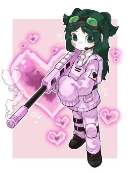 Rule 34 | 1girl, akns lblb, army in black, bandage on face, bandages, black shoes, border, closed mouth, commentary, e.g.o (project moon), employee (project moon), full body, goggles, goggles on head, green eyes, green hair, gun, headset, heart, highres, leg belt, lobotomy corporation, long hair, long sleeves, looking at viewer, microphone, necktie, night vision device, nugget (project moon), pants, pink (e.g.o), pink background, pink pants, pink sweater, project moon, rifle, shirt, shoes, sidelocks, sleeves past fingers, sleeves past wrists, smoke, smoke heart, smoking barrel, sniper rifle, standing, sweater, two side up, weapon, white border, white necktie, white shirt