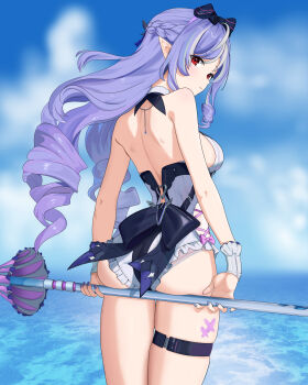 1girl absurdres ass bare_shoulders blue_sky blurry blurry_background bow braid breasts casual_one-piece_swimsuit closed_mouth closed_umbrella commentary day fingernails from_behind hair_bow half_up_braid highres holding holding_umbrella ir_who large_breasts long_hair looking_at_viewer looking_back multicolored_hair nail_polish official_alternate_costume one-piece_swimsuit outdoors pointy_ears purple_bow purple_hair purple_nails red_eyes shoulder_blades sidelocks sky solo streaked_hair swimsuit thigh_strap thighs umbrella vivian_banshee vivian_banshee_(iris_of_the_shore) white_one-piece_swimsuit zenless_zone_zero