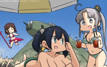 Rule 34 | 3girls, ahoge, aircraft, airplane, akitsushima (kancolle), beach umbrella, bikini, blue eyes, blue hair, blue sky, bow, breasts, brown hair, cleavage, closed eyes, commentary, cosplay, dated, day, drill hair, drink, fate/grand order, fate (series), gae bolg (fate), gradient sky, green bikini, grey eyes, grey hair, hair bow, hamu koutarou, harukaze (kancolle), hat, highres, kantai collection, large breasts, long hair, lying, medium breasts, mini hat, multiple girls, nishikitaitei-chan, noto mamiko, on stomach, open mouth, out-of-frame censoring, outdoors, pink bikini, pink sarong, polka dot, polka dot bikini, red bow, sarong, scathach (fate), scathach (fate/grand order), scathach (swimsuit assassin) (fate), scathach (swimsuit assassin) (fate) (cosplay), side ponytail, sidelocks, sky, smile, souryuu (kancolle), swimsuit, topless female, twin drills, twintails, umbrella, voice actor connection, x navel