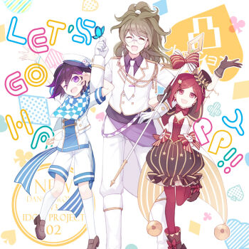 1girl 2boys ace_(playing_card) ace_of_hearts aiguillette alternate_costume anchor bell belt black_boots black_capelet black_gloves black_hat black_shirt black_skirt blazer blue_butterfly blue_scarf blue_shirt blunt_ends bob_cut boots bow bowtie breasts brown_shoes bubble_skirt bug butterfly butterfly_on_hand capelet card checkered_clothes checkered_scarf cleavage club_(shape) coattails collared_jacket collared_shirt commentary_request copyright_name cropped_jacket danganronpa_(series) danganronpa_v3:_killing_harmony diamond_(shape) dice dot_nose dress_pants english_text eyelashes footwear_bow frilled_skirt frills full_body glasses gloves gokuhara_gonta gold_buttons green_hair hair_between_eyes hair_ornament hair_scrunchie hairclip halftone hand_on_own_hip happy hat hat_bow hat_ornament heart heart_print height_difference hexagram high_heel_boots high_heels high_ponytail hiragi_rin holding holding_staff idol insect jacket knee_boots kneehighs knees lapels leg_up loafers locked_arms long_hair long_hair_between_eyes messy_hair mini_hat mini_top_hat miniskirt multicolored_hair multiple_boys necktie notched_lapels oma_kokichi one_eye_closed open_clothes open_jacket open_mouth pale_skin pants pantyhose playing_card pointy_boots ponytail print_belt print_boots print_skirt purple_belt purple_eyes purple_hair red_bow red_bowtie red_eyes red_hair red_pantyhose red_shirt round_eyewear sailor_hat scarf scrunchie shirt shoes short_sleeves shorts skirt sleeve_cuffs smile socks spade_(shape) staff standing star_(symbol) star_hair_ornament star_print strapless strapless_shirt streaked_hair striped_bow striped_clothes striped_headwear striped_shirt striped_skirt tailcoat teeth tie_clip top_hat triangle_print two-sided_shirt two-tone_belt two-tone_scarf two-tone_shirt upper_teeth_only v vertical-striped_clothes vertical-striped_headwear vertical-striped_shirt vertical-striped_skirt white-framed_eyewear white_background white_belt white_boots white_gloves white_hat white_jacket white_necktie white_pants white_scarf white_scrunchie white_shirt white_shorts white_socks yellow_bow yumeno_himiko