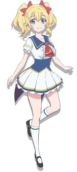 1girl :3 bad_id black_shoes blonde_hair bow breasts flora_girls_academy_school_uniform green_eyes hair_bow highres lapis_re:lights lavie_(lapis_re:lights) mary_janes official_art school_uniform shoes short_sleeves standing standing_on_one_leg tachi-e twintails