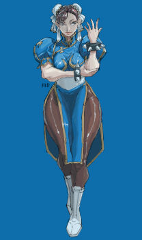 1girl boots bracelet breasts brown_eyes brown_hair bun_cover capcom china_dress chinese_clothes chun-li double_bun dress earrings full_body hair_bun hidpict highres jewelry pantyhose pelvic_curtain sash solo spiked_bracelet spikes street_fighter thick_thighs thighs white_boots white_sash