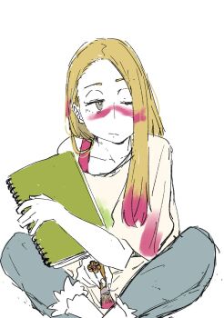 1girl blonde_hair bra_strap bright_pupils capri_pants collarbone grey_eyes half-closed_eyes highres holding holding_notebook holding_paintbrush jewelry long_hair looking_to_the_side mimi_zukuu mina_(pokemon) nintendo notebook one_eye_closed paint_in_hair paint_splatter paint_splatter_on_face paintbrush pants pokemon pokemon_sm ring shirt sitting sketch solo t-shirt torn_clothes torn_pants white_background