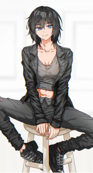 1girl absurdres black_hair black_jacket black_shoes blue_eyes breasts cleavage closed_mouth collarbone commentary english_commentary eyelashes grey_pants grey_shirt highres jacket knees_out_of_frame long_sleeves looking_at_viewer medium_hair midriff navel on_stool open_clothes open_jacket original pants shirt shoes simple_background sitting smile solo split_mouth user_djpd2275 white_background