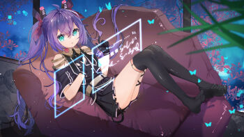 Rule 34 | 1girl, :o, ahoge, aqua eyes, artist request, bare shoulders, belt, black gloves, black skirt, black thighhighs, blue butterfly, blurry, blurry foreground, blush, bow, bug, butterfly, candy, chinese commentary, commentary request, couch, feet, food, full body, gloves, hair between eyes, hair bow, highres, holding, holding candy, holding food, holding lollipop, holographic interface, indoors, insect, lollipop, long hair, lying, on back, on couch, original, parted lips, pleated skirt, purple hair, red bow, second-party source, shirt, shoes, short sleeves, single shoe, skirt, solo, thighhighs, twintails, very long hair, virtual youtuber, wulala (vtuber)