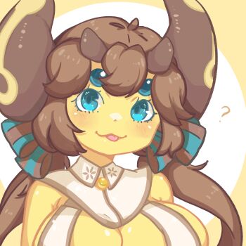 Rule 34 | 1149211418, 1girl, ?, alien, blue eyes, blush, bow, breasts, brown hair, brown horns, colored skin, detached collar, extra eyes, hair between eyes, hair bow, highres, horns, large breasts, monster girl, portrait, simple background, solo, stellaris (game), striped bow, tongue, tongue out, yellow skin