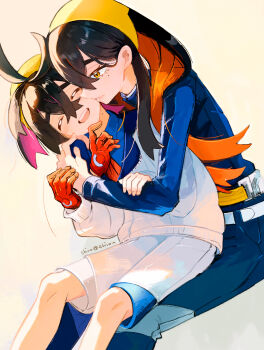 1boy 1girl black_hair blue_jacket blue_pants blueberry_academy_school_uniform brother_and_sister carmine_(pokemon) closed_eyes closed_mouth commentary crossed_bangs gloves hair_between_eyes hairband highres hug hug_from_behind jacket kieran_(pokemon) long_hair long_sleeves looking_at_another mole mole_on_neck mole_under_eye multicolored_hair nintendo open_mouth pants pokemon pokemon_sv purple_hair red_gloves red_hair school_uniform shiro_(46isou) short_hair shorts siblings single_glove smile symbol-only_commentary two-tone_hair white_jacket white_shorts yellow_eyes yellow_hairband
