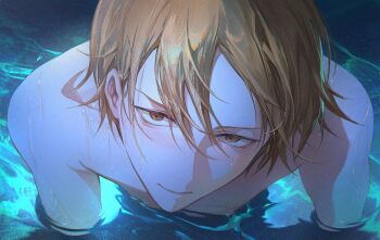 1boy blonde_hair brown_eyes chainsaw_man denji_(chainsaw_man) highres kkamiiz looking_at_viewer male_focus messy_hair outdoors pool solo water wet wet_hair