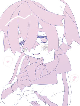 Rule 34 | 1boy, blueberry academy school uniform, blush, commentary request, crossed bangs, gloves, hair between eyes, hairband, heart, highres, holding, holding strap, kieran (pokemon), long sleeves, looking at viewer, mole, mole on neck, monochrome, nintendo, open mouth, pokemon, pokemon sv, school uniform, shinonome (delus1on), short hair, single glove, smile, solo, speech bubble, thought bubble, white background