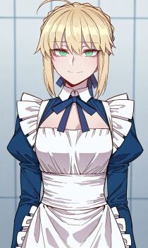 1girl ahoge apron artist_request artoria_pendragon_(fate) blonde_hair blue_bow blue_dress blue_neckerchief blue_ribbon blue_skirt bow braid breasts closed_mouth collar dress female_focus frills green_eyes hair_bow hair_ribbon highres long_skirt long_sleeves looking_at_viewer maid maid_apron neckerchief no_bra ribbon saber_(fate) sexually_suggestive skirt small_breasts smile solo solo_focus white_apron white_collar