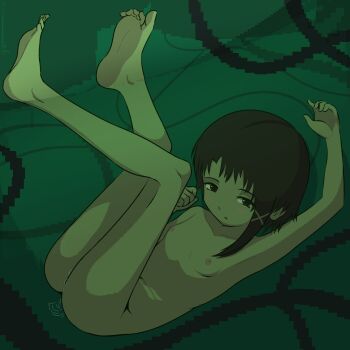 1girl absurdres barefoot blush_stickers breasts brown_eyes brown_hair completely_nude feet full_body hair_ornament highres iwakura_lain loli looking_at_viewer mdarkrai nipples nude open_mouth pussy_juice serial_experiments_lain small_breasts solo x_hair_ornament