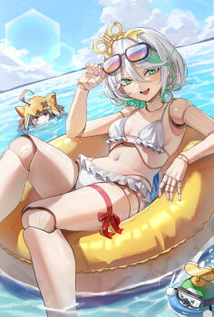 Rule 34 | > <, 2girls, absurdres, afloat, ahoge, animal hood, bikini, black-framed eyewear, blue sky, blush, braid, breasts, brown hair, cecilia immergreen, closed eyes, cloud, colored inner hair, day, doll joints, eyewear lift, feet out of frame, frilled bikini, frills, gigi murin, goggles, green eyes, green hair, grey hair, hair between eyes, hair through headwear, highres, hololive, hololive english, hood, innertube, joints, leg ribbon, lens flare, looking at viewer, mascot, multicolored hair, multiple girls, ocean, on water, open mouth, orange hood, otomo (cecilia immergreen), outdoors, partially submerged, pink eyes, red ribbon, ribbon, short hair, side braid, single braid, sky, small breasts, smile, solo focus, sunglasses, swim ring, swimsuit, teeth, thigh ribbon, tongue, two-tone hair, two side up, virtual youtuber, water, white bikini, winding key, wszkii