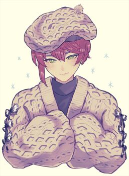 1boy alternate_costume beret closed_mouth commentary_request cuilang_(rune_factory) green_eyes hair_between_eyes hat highres looking_at_viewer mmstarrf red_hair rune_factory rune_factory:_guardians_of_azuma sweater