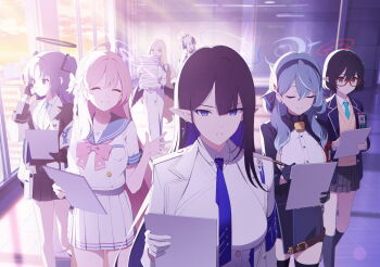 6+girls ahoge ako_(blue_archive) artist_request ayane_(blue_archive) ayumu_(blue_archive) black_hair black_halo black_jacket black_skirt blue_archive blue_eyes blue_hair blue_halo blue_jacket blue_necktie blue_sailor_collar blue_skirt bow braid breasts brown_eyes clipboard closed_eyes closed_mouth collared_shirt demon_girl demon_horns dress earrings forehead forehead_jewel game_cg glasses gloves green_eyes grey_halo grey_skirt grin hair_between_eyes halo hanako_(blue_archive) highres holding holding_clipboard holding_pen hood hoodie horns indoors jacket jewelry kayoko_(blue_archive) large_breasts long_hair looking_ahead looking_at_another multicolored_hair multiple_girls necktie non-web_source official_art open_clothes open_jacket paper_stack parted_lips pen pink_bow pink_hair pink_halo plaid_clothes plaid_skirt pleated_skirt ponytail purple_eyes purple_hair red-framed_eyewear red_eyes red_halo rin_(blue_archive) sailor_collar shirt short_hair sideboob single_braid skirt smile sweater_vest two-tone_hair two_side_up white_dress white_gloves white_hair white_jacket white_shirt white_skirt yellow_halo yellow_sweater_vest yuuka_(blue_archive)