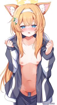 1girl animal_ear_fluff animal_ears artist_name baram blue_archive blue_eyes blue_jacket blue_shorts blush breasts cat_ears clothes_pull collarbone commentary_request flower gym_uniform hair_flower hair_ornament hairband halo hands_up highres jacket long_hair long_sleeves looking_at_viewer mari_(blue_archive) mari_(track)_(blue_archive) navel nipples no_shirt nose_blush official_alternate_costume open_clothes open_jacket open_mouth orange_hair paid_reward_available ponytail puffy_long_sleeves puffy_sleeves pussy_juice shorts shorts_pull sidelocks simple_background sleeves_past_wrists small_breasts solo straight-on track_jacket twitter_username white_background white_hairband yellow_halo