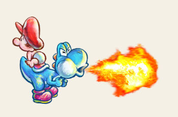 2boys absurdres baby baby_mario boots breath_weapon breathing_fire brown_hair clenched_hands closed_eyes diaper fire grey_background harada_masamichi hat highres light_blue_yoshi mario mario_(series) multiple_boys nintendo official_art open_mouth pink_boots red_hat short_hair simple_background third-party_source yoshi yoshi&#039;s_new_island