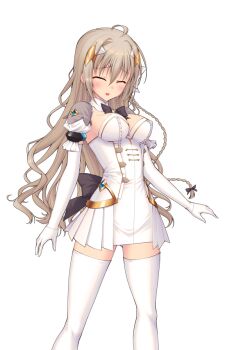 1girl ahoge black_bow blush bow bowtie braid breasts cleavage closed_eyes detached_collar dress elbow_gloves game_cg genseishinki_sacred_virth gloves hair_ornament jewelry large_breasts large_variant_set long_hair magical_girl non-web_source official_art open_mouth pleated_dress puffy_short_sleeves puffy_sleeves sacred_claire short_dress short_sleeves solo standing thighhighs tierna_aeride_throne transparent_background variant_set wavy_hair white_dress white_gloves white_thighhighs yuugure_pairo zettai_ryouiki