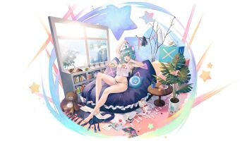 ahoge animal_ear_fluff animal_ears aqua_hair arm_up armpits bare_legs barefoot blonde_hair breasts camisole controller crop_top day douya_(233) earbuds earphones fishbowl full_body game_controller highres indie_virtual_youtuber indoors jpeg_artifacts lanmewko large_breasts long_hair lying multi-strapped_panties multicolored_hair navel no_pants on_back one_eye_closed original panties stretching string_panties stuffed_animal stuffed_toy teddy_bear two-tone_hair underwear virtual_youtuber white_panties