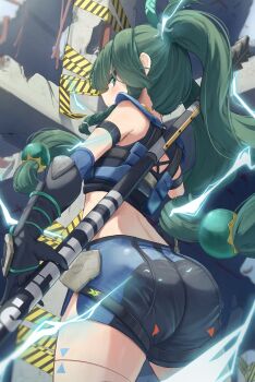 1girl absurdres android ass ass_focus black_gloves black_shorts blue_shorts blush braid braided_sidelocks building commentary cowboy_shot crop_top elbow_gloves electricity fingerless_gloves from_behind gloves green_eyes green_hair hair_ornament highres holding holding_weapon long_hair looking_at_viewer looking_back outdoors qingyi_(zenless_zone_zero) ruins shizuki_eri short_shorts shorts side_braids sidelocks solo sphere_hair_ornament standing three_section_staff twintails two-tone_shorts weapon zenless_zone_zero
