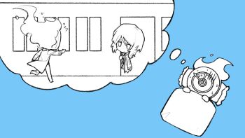 1girl 1other blanket blue_background chibi chibi_only clock coat coat_on_shoulders commentary dante_(limbus_company) dated_commentary dreaming faust_(project_moon) fire flaming_head flying_sweatdrops greyscale_with_colored_background hands_up highres ivy_(675671) limbus_company mephistopheles_(project_moon) object_head peeking_out pillow project_moon running short_hair simple_background speech_bubble symbol-only_commentary thought_bubble