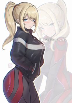 1girl absurdres black_jacket blonde_hair blue_eyes blush bodysuit breasts chascoby commentary english_commentary highres jacket large_breasts long_hair looking_at_another metroid metroid_prime_4:_beyond nintendo patreon_logo patreon_username ponytail power_suit_(metroid) samus_aran solo vi-o-la_suit