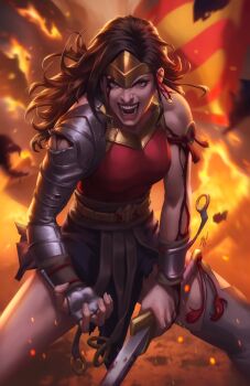 1girl black_hair dc_comics ejikure fire highres holding holding_sword holding_weapon long_hair looking_at_viewer open_mouth solo superman_logo sword teeth tiara weapon wonder_woman wonder_woman_(series)