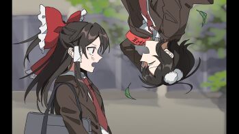 absurdres alternate_costume annoyed armband bag bow brown_hair brown_jacket closed_eyes collared_jacket collared_shirt commentary_request from_side hair_tubes hakurei_reimu highres jacket leaf long_hair long_sleeves looking_at_another medium_hair necktie open_mouth outdoors pom_pom_(clothes) ponytail red_armband red_bow red_eyes red_necktie school school_bag school_uniform shameimaru_aya shirt smile touhou uehara_suiyo upside-down white_shirt