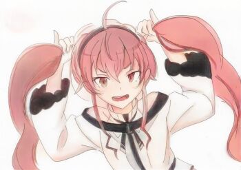 1girl alternate_hairstyle arms_up blush breasts bunching_hair eris_greyrat hairband half-closed_eyes highres long_hair looking_at_viewer mushoku_tensei playing_with_own_hair red_eyes red_hair small_breasts smile teeth twintails very_long_hair