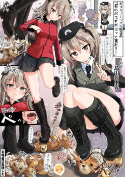 1girl absurdres black_boots black_necktie black_shirt boots brown_eyes brown_hair full_body girls_und_panzer hat highres isofude jacket long_hair looking_at_viewer military_hat multiple_views necktie open_mouth red_jacket school_uniform selection_university_military_uniform shimada_arisu shirt squatting st._gloriana's_military_uniform standing standing_on_one_leg stuffed_animal stuffed_toy sweater_vest teddy_bear teeth tongue translation_request upper_teeth_only v white_shirt