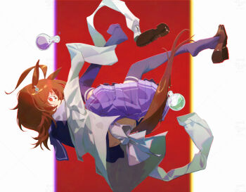 1girl agnes_tachyon_(tach-nology)_(umamusume) agnes_tachyon_(umamusume) ahoge animal_ears artist_name bow brown_hair brown_shoes commentary ear_ornament english_commentary falling flask highres horse_ears horse_girl horse_tail lab_coat loafers looking_at_viewer medium_hair purple_shirt purple_skirt purple_thighhighs raneblu red_eyes round-bottom_flask sailor_collar school_uniform shirt shoes sideways_glance skirt sleeves_past_fingers sleeves_past_wrists solo tail tail_bow tail_ornament thighhighs tracen_school_uniform umamusume unworn_shoes watermark white_bow