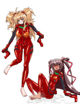Rule 34 | 3girls, action taimanin, ass, barefoot, blonde hair, blue eyes, blush, bodysuit, breasts, brown hair, camera, cellphone, cosplay, covered erect nipples, dark-skinned female, dark skin, full body, glasses, hairpods, highres, impossible bodysuit, impossible clothes, interface headset (evangelion), large breasts, long hair, looking at another, looking at viewer, mecha pilot suit, mizuki yukikaze, multicolored bodysuit, multiple girls, neon genesis evangelion, onizaki kirara, outdoors, phone, plugsuit (evangelion), red bodysuit, sachisuki gyoko, shiny clothes, sitting, skin tight, small breasts, smile, souryuu asuka langley, souryuu asuka langley (cosplay), sweat, sweatdrop, taimanin (series), taimanin rpgx, taimanin yukikaze, toes, twintails, two side up, very long hair, white background, wide hips
