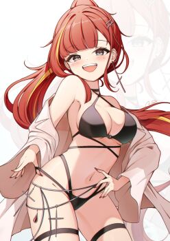 1girl :d akane_lize bare_shoulders bikini black_bikini blush breasts commentary cowboy_shot cross cross_earrings dot_nose earrings fang fingernails grey_eyes gyeou_lee hair_ornament hairclip highres jacket jewelry lapels large_breasts long_hair looking_at_viewer mole mole_under_eye multi-strapped_bikini_bottom multicolored_hair nail_polish navel notched_lapels off_shoulder open_clothes open_jacket open_mouth pink_jacket ponytail red_hair red_nails smile solo standing stellive stomach strap_pull streaked_hair swimsuit symbol-only_commentary thigh_strap virtual_youtuber white_background zoom_layer