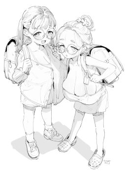 2girls backpack bag breasts character_request cleavage copyright_request crocs djheycha gigantic_breasts glasses greyscale highres monochrome multiple_girls oppai_loli original randoseru