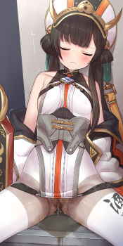 Rule 34 | 1girl, bare shoulders, black hair, black survival, blush, character request, closed eyes, closed mouth, dress, eternal return: black survival, hair rings, highres, long hair, pee, peeing, peeing self, sitting, solo, torimaru, white dress