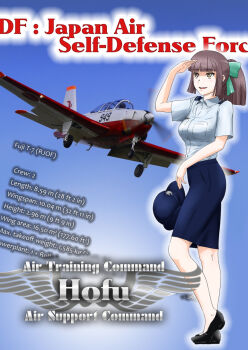 1girl aircraft airplane blue_shirt blue_skirt brown_eyes brown_hair green_hairband hairband highres japan_air_self-defense_force japan_self-defense_force long_hair military pencil_skirt plane shirt skirt