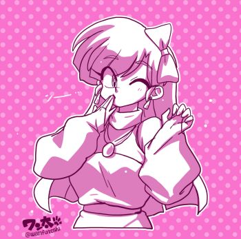 1girl artist_name bare_shoulders bow breasts closed_mouth covering_own_mouth earrings hair_bow hand_over_own_mouth jewelry kuonji_ukyou large_breasts long_hair monochrome off_shoulder one_eye_closed pendant polka_dot polka_dot_background ranma_1/2 signature solo straight_hair wanta_(futoshi)