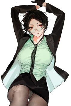 1girl aomi_(ooe) aqua_shirt arms_up black_gloves black_hair black_jacket black_necktie breasts buttons curly_hair forehead genderswap genderswap_(mtf) glasses gloves highres jacket large_breasts leg_up lying necktie on_back ooe_(game) open_clothes open_jacket panties panties_under_pantyhose pantyhose pantyshot pencil_skirt red_eyes round_eyewear shirt short_eyebrows short_hair skirt thighs underwear white_background white_panties yuhuo_888