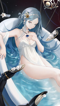 1girl absurdres azur_lane bare_shoulders bathtub blue_eyes blue_hair blush breasts champagne_(adulation_eternal)_(azur_lane) champagne_(azur_lane) cleavage clothed_bath commentary_request dress earrings hair_ornament highres jewelry long_hair looking_at_viewer necklace official_alternate_costume partially_submerged pearl_earrings pearl_hair_ornament pearl_necklace side_slit small_breasts solo tiara wedding_dress white_dress wo_meiyou_mao