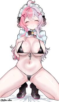 1girl absurdres ahoge bikini black_bikini blush breasts closed_eyes eris_(monster_strike) frills hair_ornament hair_ribbon highres huge_breasts loafers maid_headdress micro_bikini monster_strike multicolored_hair navel nibo_shia pink_hair pussy_juice pussy_juice_trail ribbon shoes simple_background smile solo squatting streaked_hair sweat swimsuit thick_thighs thighs two-tone_hair