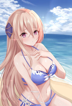 1girl beach blonde_hair breasts cloud cloudy_sky commentary_request hair_ornament hand_on_own_chest heaven_burns_red highres kosyou21057 large_breasts long_hair navel pink_eyes shirakawa_yuina sky swimsuit