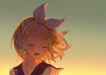 0_oclock 1girl :o backlighting blonde_hair blush bow closed_eyes collarbone commentary dated evening floating_hair hair_ornament hairclip headphones headset highres kagamine_rin open_mouth orange_sky parted_bangs portrait short_hair signature sky solo star_(sky) starry_sky teeth treble_clef upper_teeth_only vocaloid white_bow wind