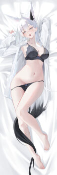 1girl :o absurdres ahoge animal_ear_fluff animal_ears aqua_eyes barefoot bed_sheet black_bra black_panties bra breasts cleavage commentary_request crossed_bangs dakimakura_(medium) extra_ears feet fingernails fox_ears fox_girl fox_tail full_body hair_behind_ear highres hololive lace lace_bra large_breasts long_hair long_sleeves looking_at_viewer loose_clothes loose_shirt lying navel no_pants on_back open_clothes open_shirt panties panty_pull shirakami_fubuki shirt sleeves_past_wrists solo tail tanishi_(hetianming11093) toenails toes underwear virtual_youtuber white_hair white_shirt