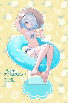 Rule 34 | 1girl, ahoge, armband, armpits, barefoot, bikini, blue eyes, blue hair, blush, breasts, commentary request, drop-shaped pupils, food, food print, frilled armband, frilled bikini, frills, fruit, fruit print, full body, furina (genshin impact), genshin impact, hat, highres, holding, holding food, holding popsicle, innertube, lemon, lemon print, lemon slice, light blue hair, looking at viewer, mismatched pupils, navel, popsicle, riku (rrr gns), short hair, sitting, small breasts, solo, sun hat, sweat, swim ring, swimsuit, symbol-shaped pupils, tongue, tongue out, white armband