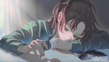 1girl arm_pillow black_bow bow closed_mouth commentary_request fingernails glint green_jacket grief_seed hair_bow highres holding jacket lips long_hair looking_at_object mahou_shoujo_madoka_magica mahou_shoujo_madoka_magica_(anime) poster_(object) red_eyes red_hair sakura_kyoko shionoji08 sidelighting solo