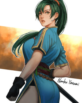 Rule 34 | 1girl, artist name, black gloves, blue dress, breasts, china dress, chinese clothes, commentary request, dress, earrings, fingerless gloves, fire emblem, fire emblem: the blazing blade, from behind, gloves, green eyes, green hair, highres, jewelry, large breasts, lips, long hair, looking at viewer, looking back, lyn (fire emblem), nanbu yasumi, nintendo, parted lips, pink lips, ponytail, sash, short sleeves, solo, very long hair