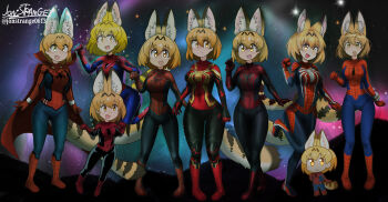 Rule 34 | 6+girls, :3, :d, absurdres, animal ear fluff, animal ears, animal print, artist name, black bodysuit, blonde hair, blue bodysuit, blush, bodysuit, breasts, cape, cat ears, cat girl, cat tail, chibi, chibi inset, clenched hands, closed mouth, colorful background, commentary, cosplay, crossed legs, extra ears, full body, gold trim, hair ornament, highres, jonstrange0613, kemono friends, kemono friends 2, kemono friends 3, large breasts, leg up, looking at viewer, marvel, marvel's spider-man, midair, multicolored bodysuit, multiple girls, multiple persona, open mouth, pigeon-toed, print bodysuit, red bodysuit, red cape, serval (kemono friends), short hair, side-by-side, signature, silver trim, smile, spider-man, spider-man: into the spider-verse, spider-man: no way home, spider-man (cosplay), spider-man (series), spider-man (toei), spider-man 1 (2002), spider-man 2 (2004), spider-man 3, spider-verse, spider print, spider web print, standing, star (sky), starry sky background, striped tail, tail, teeth, the amazing spider-man 2, the spectacular spider-man, twitter username, two-tone bodysuit, upper teeth only, what if...? (disney+), yellow eyes, yellow tail
