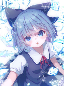 1girl :o blue_bow blue_dress blue_eyes blue_hair bow cirno commentary_request dress from_above hair_bow ice ice_wings light_blush looking_at_viewer medium_hair open_mouth pinafore_dress shirt short_sleeves simple_background sleeveless sleeveless_dress solo touhou upper_body white_background white_shirt wings yunagi_(arukumaruta)