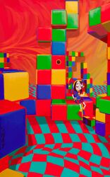 Rule 34 | abstract background, absurdres, clown, cube, highres, li shay, multicolored background, orange background, pomni (the amazing digital circus), scared, sitting, the amazing digital circus