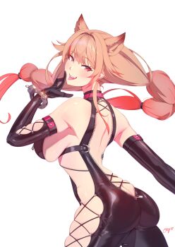 1girl :d animal_ears ass back bare_shoulders black_bodysuit black_gloves blonde_hair blush bodysuit breasts butt_crack catsuit clothing_cutout commentary cowboy_shot cuffs dog_ears elbow_gloves extra_ears floating_hair from_behind glint gloves gradient_hair handcuffs highres large_breasts looking_at_viewer low_twintails mia_skye multicolored_hair official_alternate_costume onshigou open_mouth pink_hair red_eyes revealing_clothes side_cutout sideboob sidelocks signature skindentation sleeveless sleeveless_bodysuit smile snowbreak:_containment_zone solo streaked_hair teeth tongue tongue_out twintails two-tone_hair unzipped upper_teeth_only zipper_pull_tab